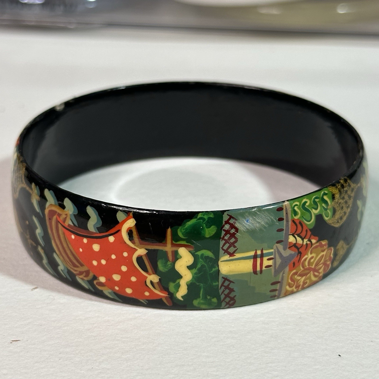 Vintage Hand Painted Russian Lacquer Bangle Bracelet Buildings