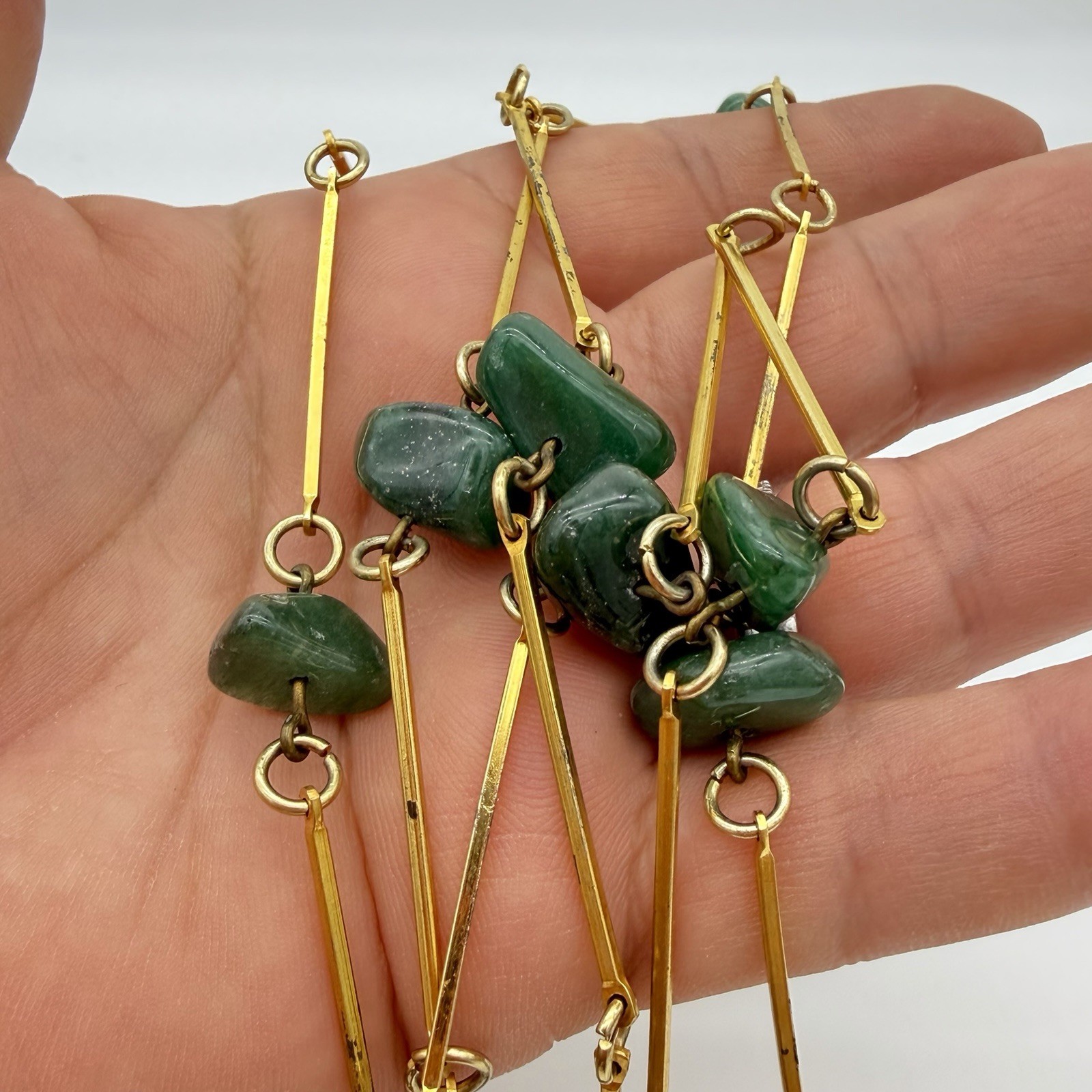 VTG Jade Bar Link Necklace Estate Deep Green Gemstone Flapper 40