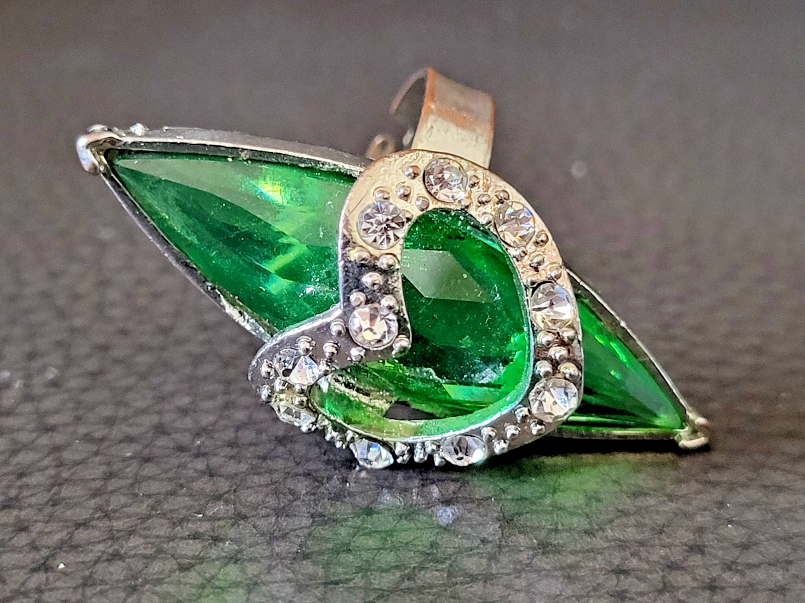 Vintage Statement Ring. Large Green and small clear stones. Adjustable Size 8