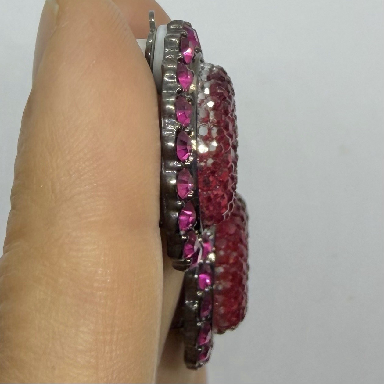 Vtg Raspberry Pink Druzy Rhinestone Gunmetal Statement Earrings Oval Huggie Clip