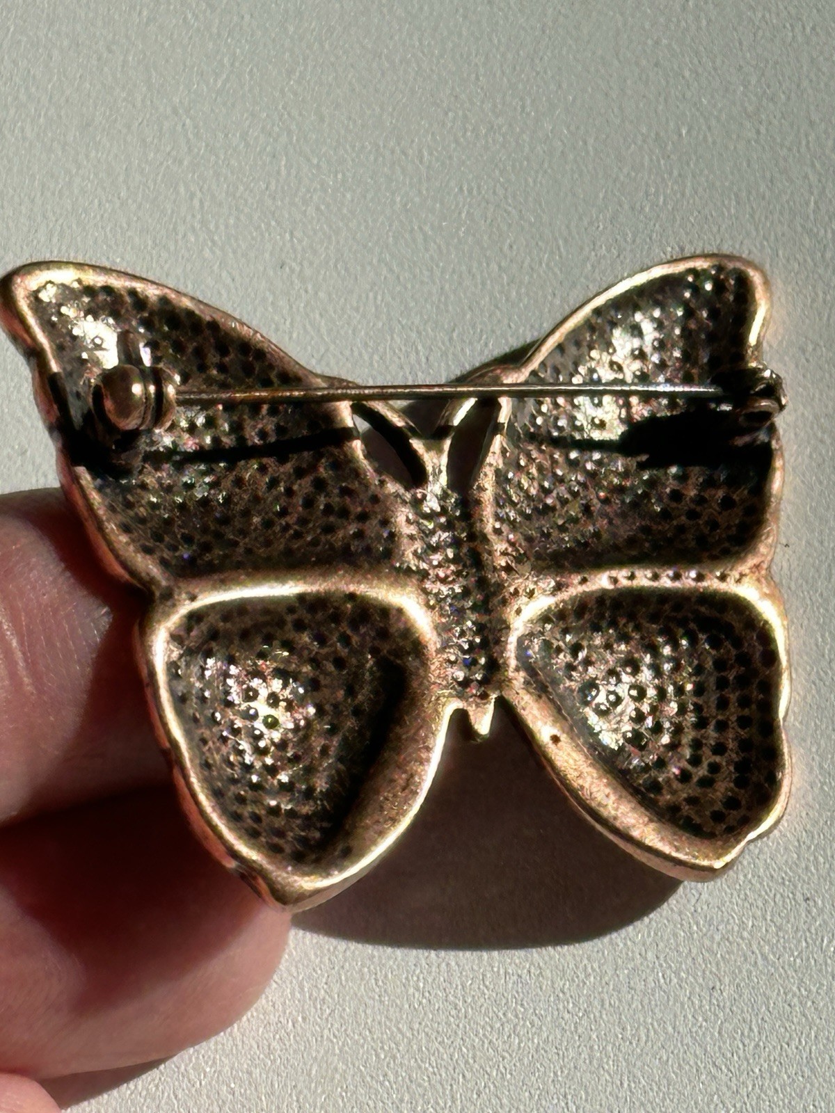Butterfly Brooch Pin Vintage Rhinestone Enamel Copper?