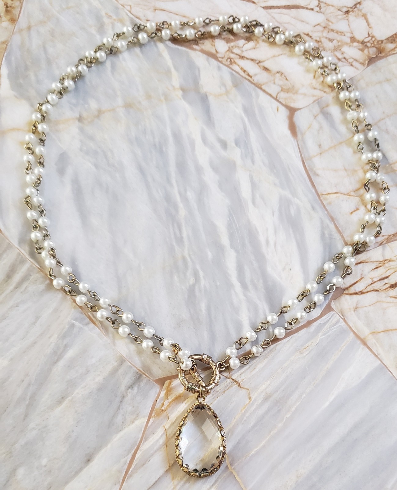 Vintage Faux Pearl Double Strand Necklace Gold Tone Crystal Pendant 18″
