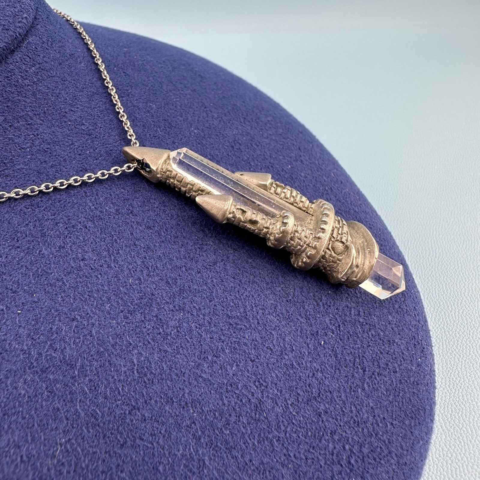 Vintage Quartz Crystal Castle Pendant Necklace Pewter Silver Tone Fantasy Signed