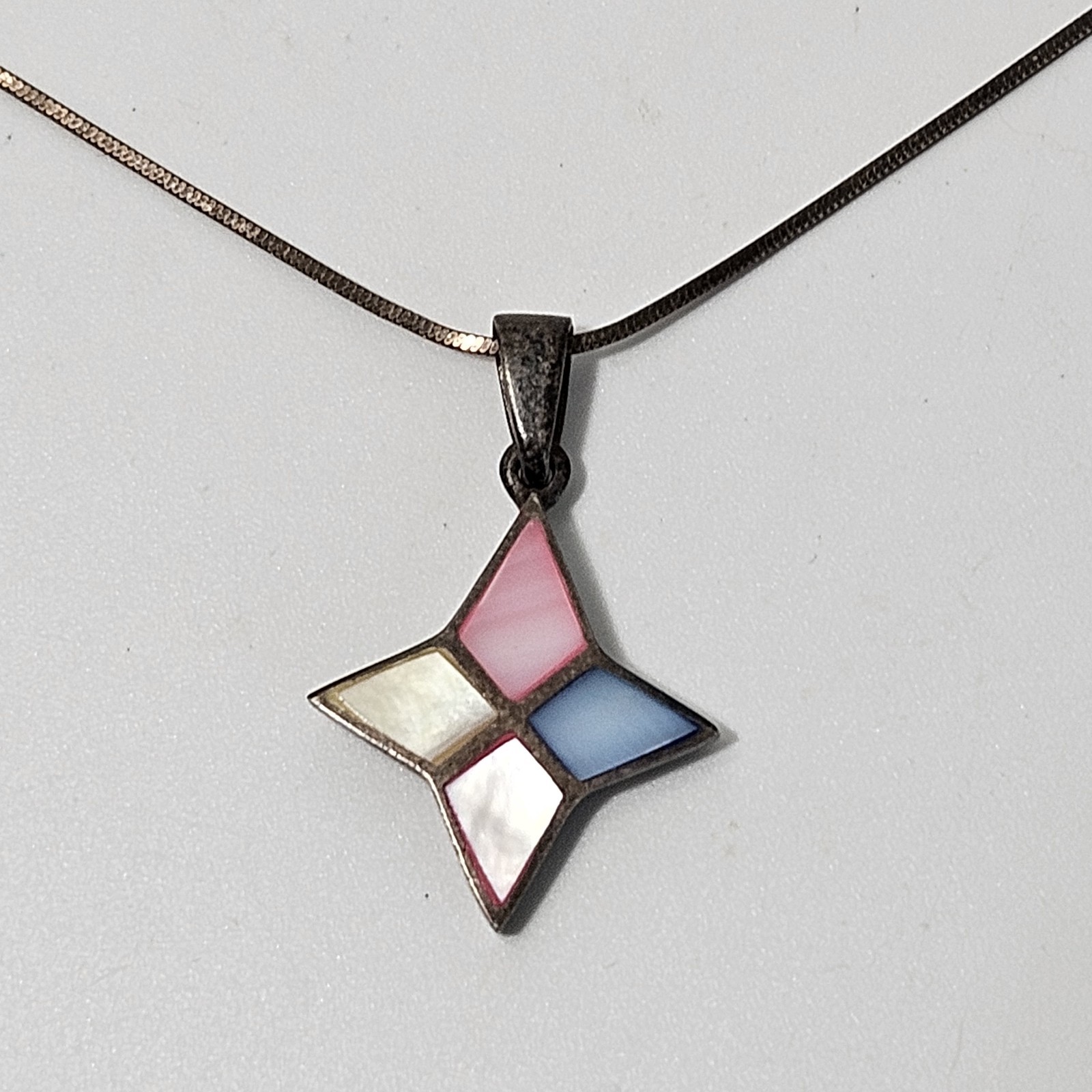 Vintage Sterling Silver Multi-Color Mother of Pearl Pendant Pastel Mosaic 19″