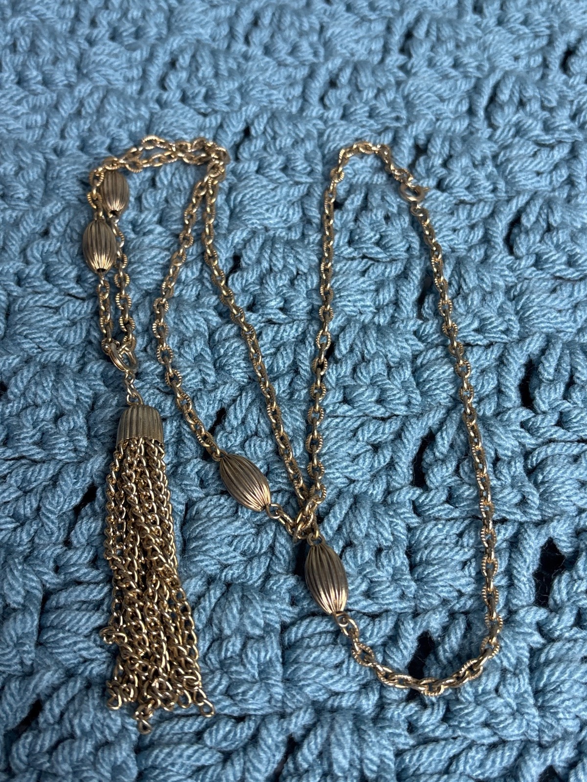 Vintage Goldtone Textured Chain Necklace Station Beads Chain Tassel Pendant 28″