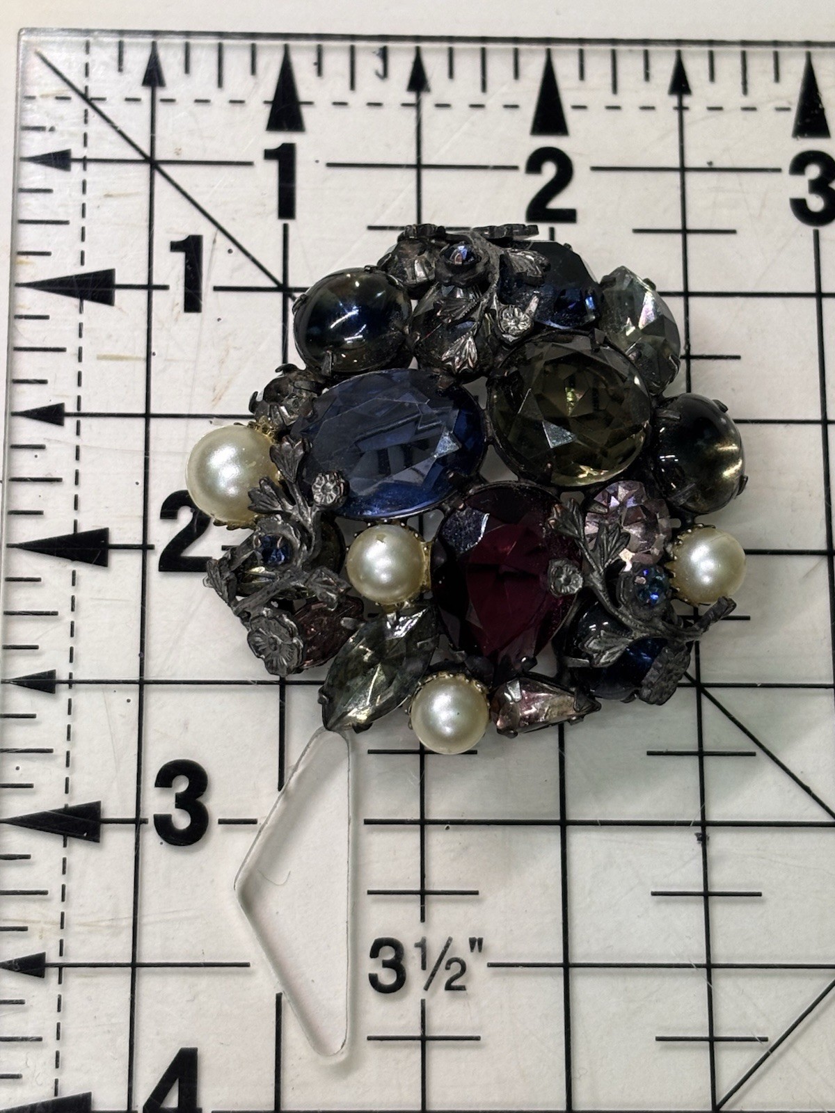 Regency Purple Grey and Blue Rhinestone & Faux Pearl Vine Details MCM Brooch