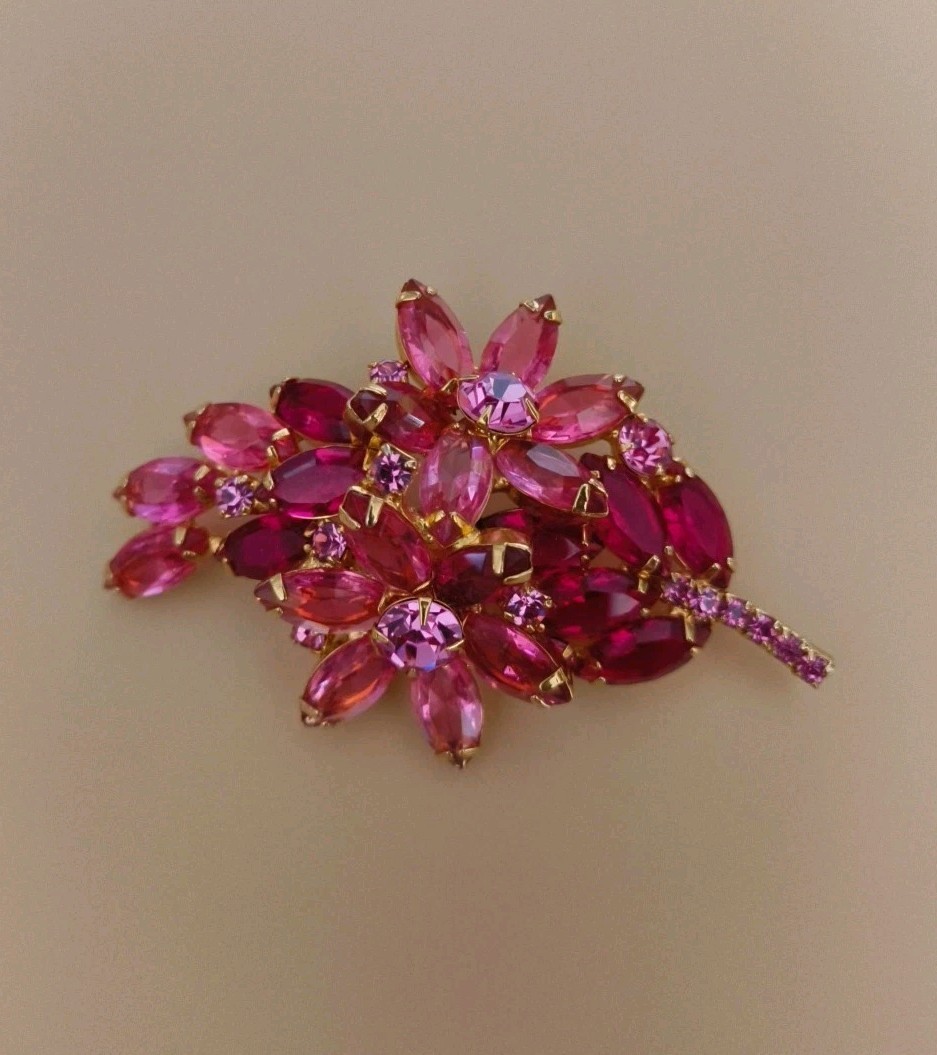 Juliana Layered Rose Pink & Ruby Red Dbl Flower Rhinestone Brooch #85
