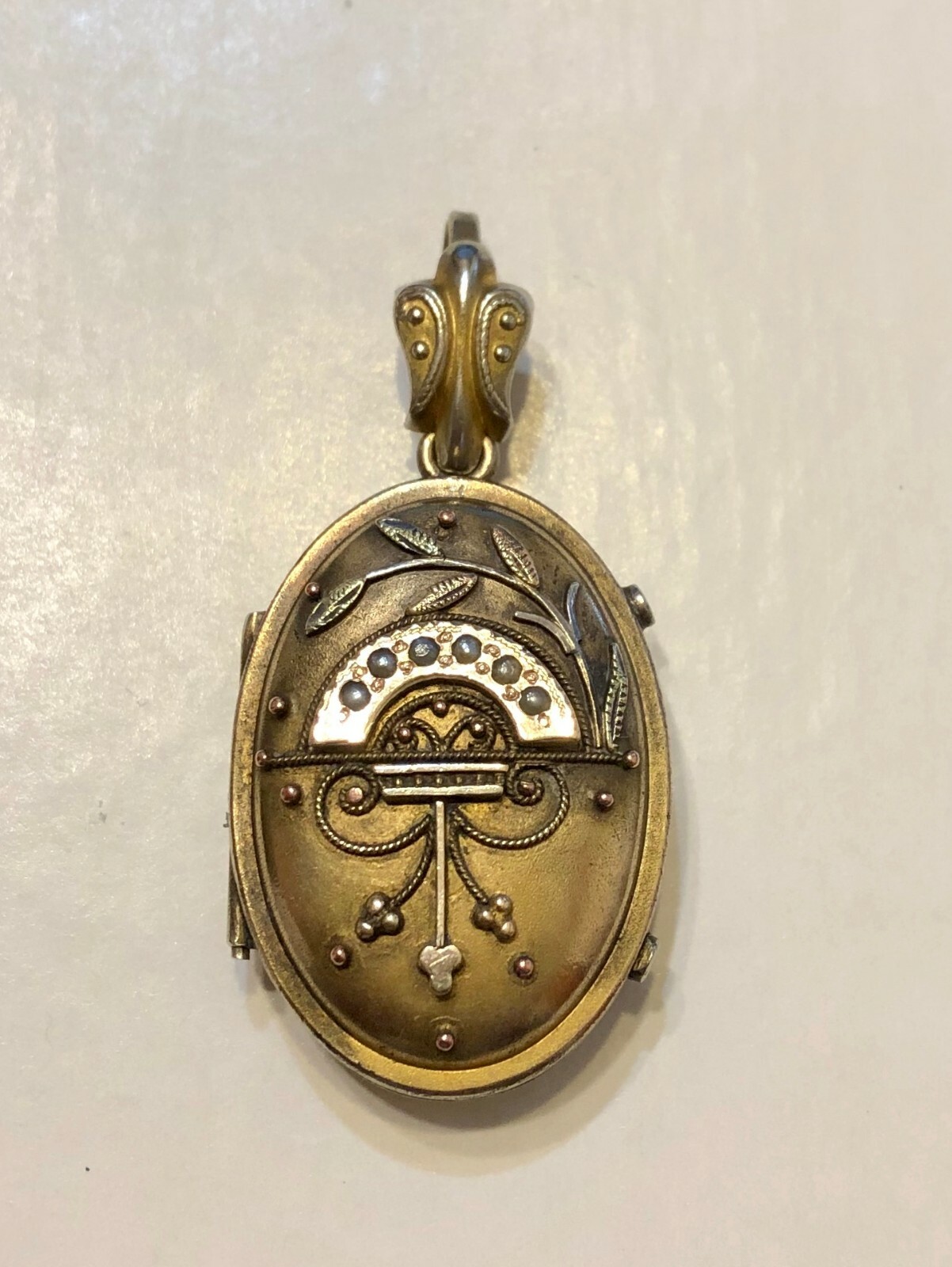 Antique Victorian Etruscan Gold Filled Oval Locket Applied Decoration & Pearls