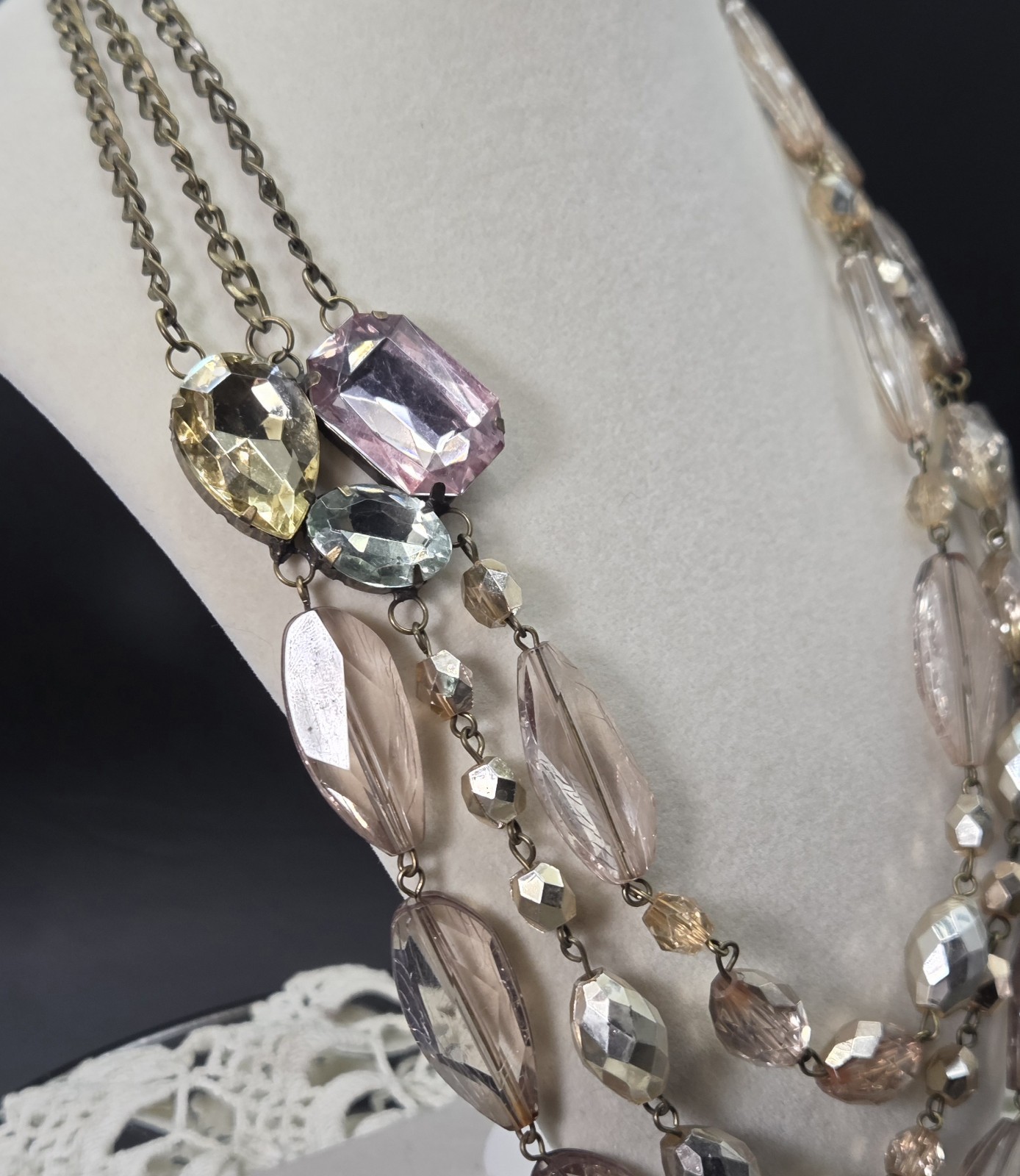 Fabulous Vintage Faceted Lucite Multistrand Statement Necklace Pastel Large Gems