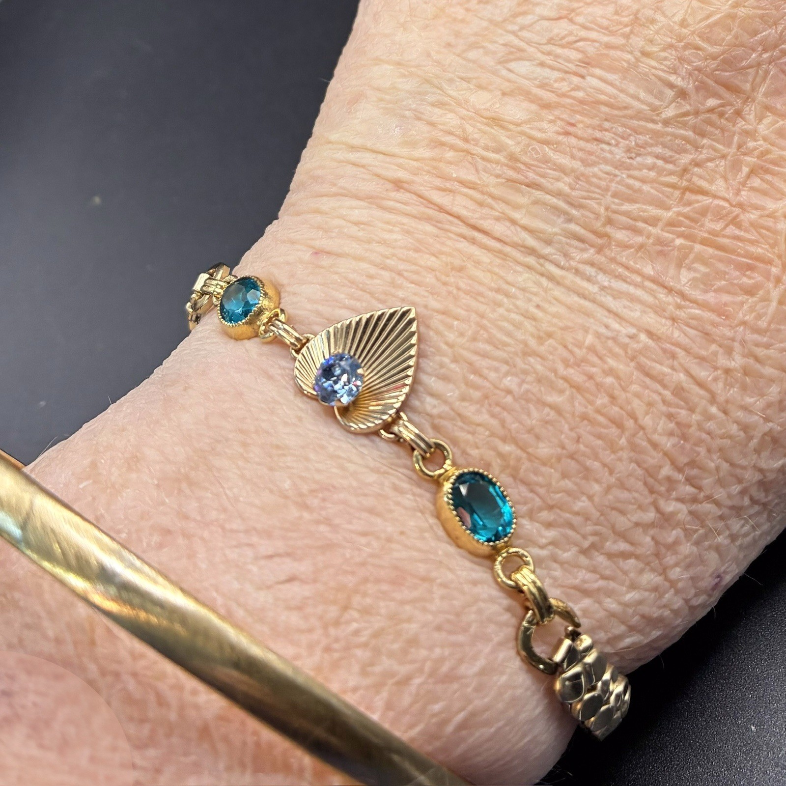 Custom Vintage Yellow Gold Filled Expansion Bracelet,Blue Glass Gems, Watch Band