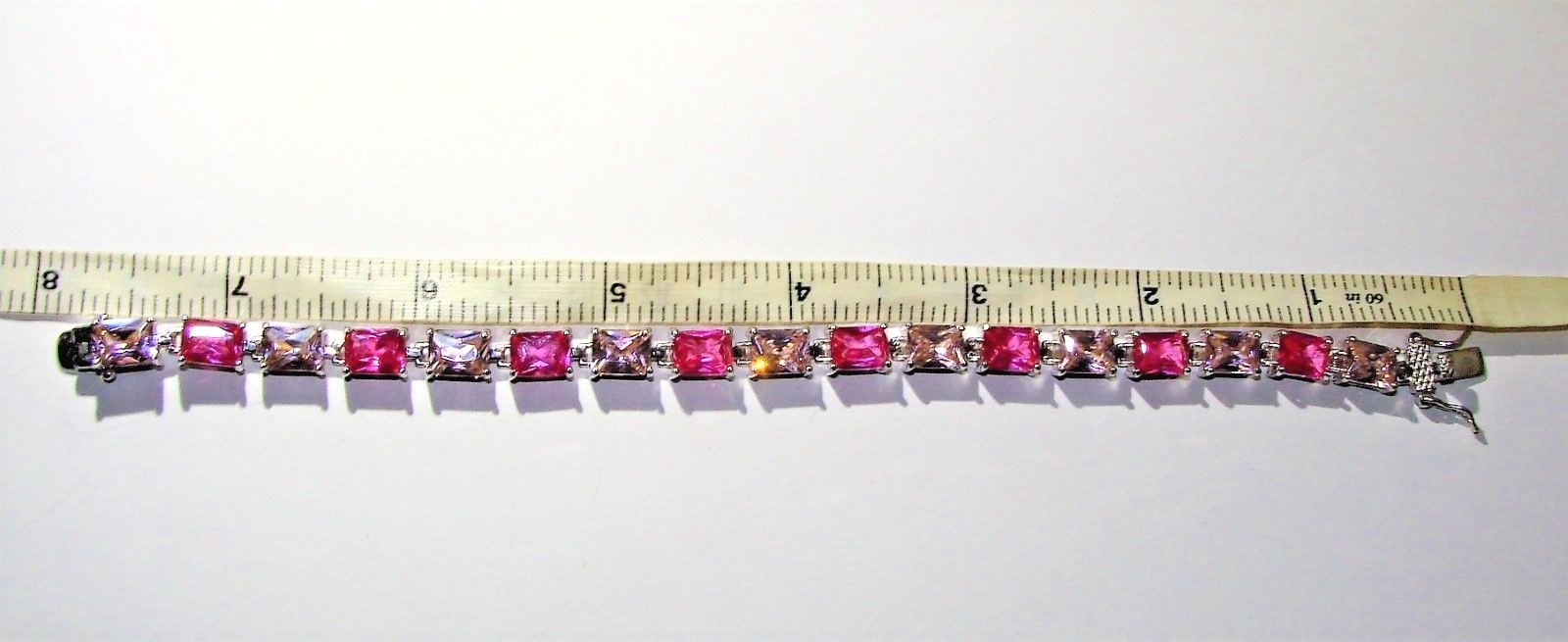 STERLING SILVER PINK EMERALD CUT CZ 925 TENNIS BRACELET 7.5″ X 6MM 21.4g EC