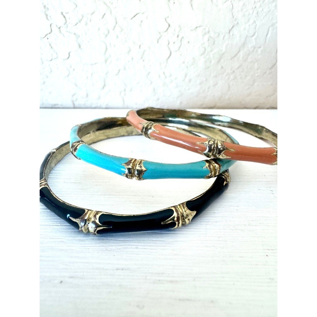 Bamboo Bangle Bracelets Set Enamel Stack Turquoise Coral Black Gold