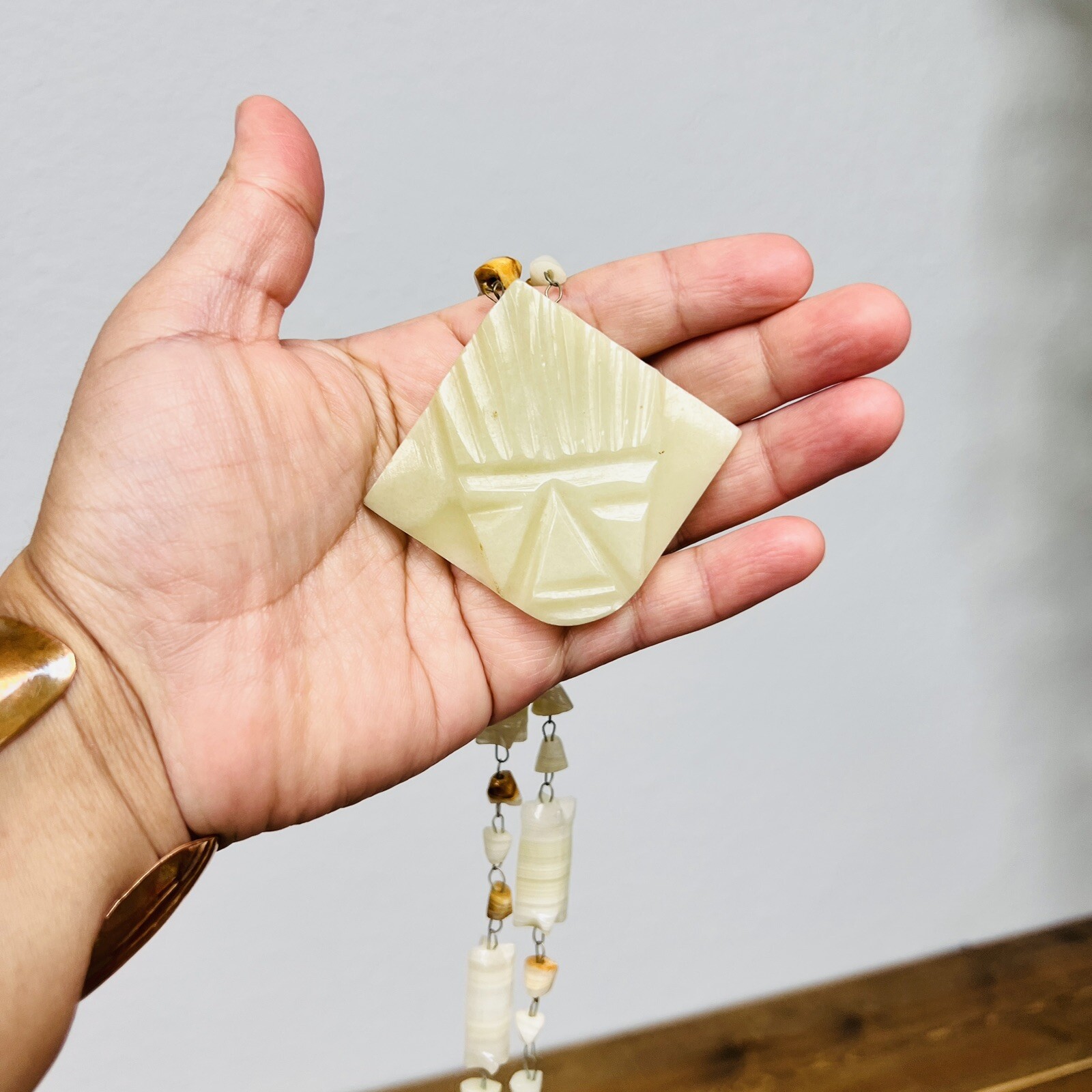 Aztec Hand Carved Stone Necklace Brown White Marble Onyx Alabaster Vintage