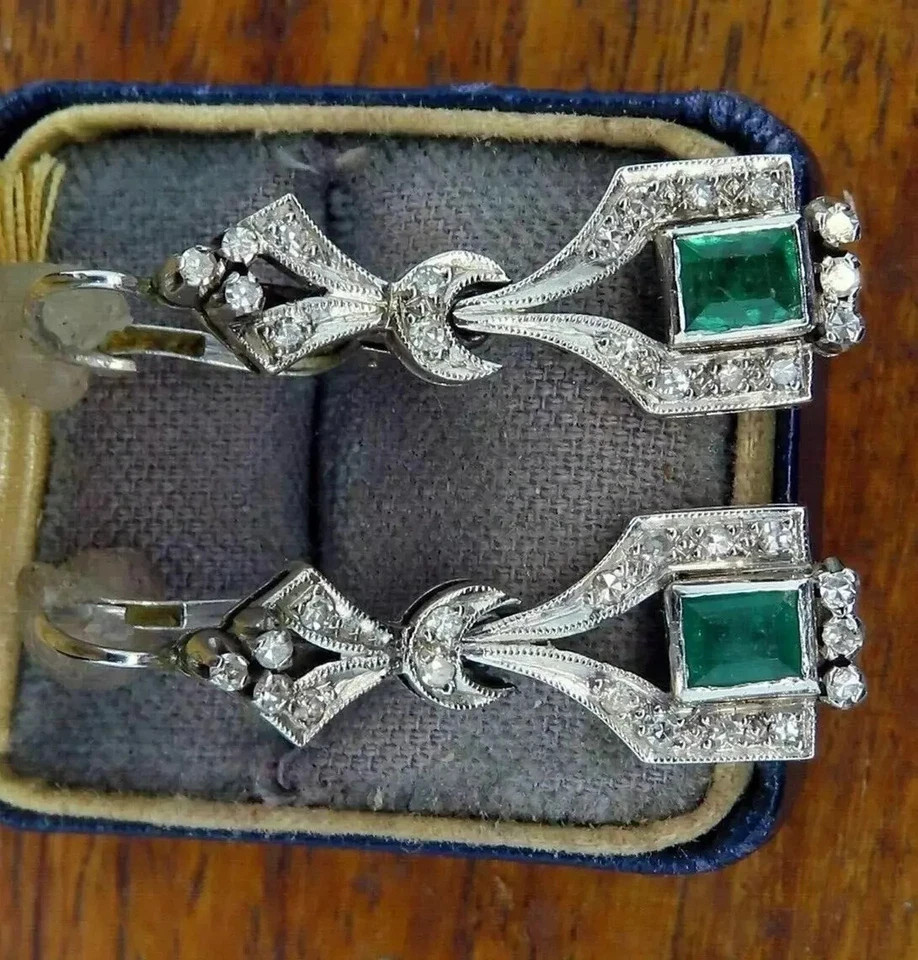 14K White Gold FN Earrings Art Deco Vintage Style Lab Created Emerald Engagement
