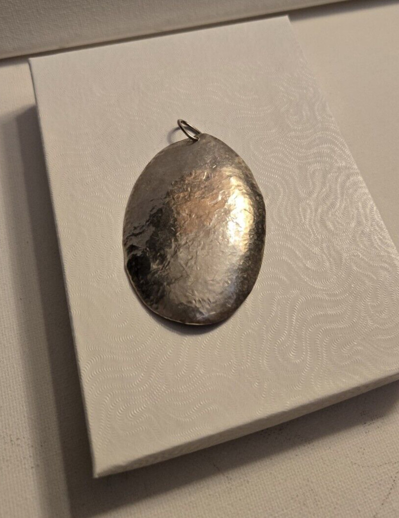 Vintage Oversized Oval Agate Hammer finish White Metal Artisan Crafted Pendant