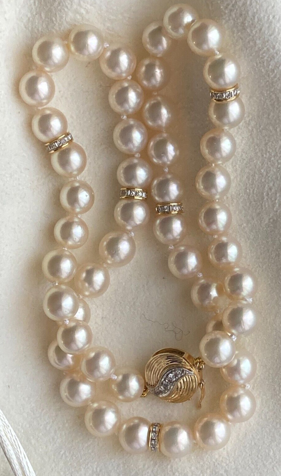 Vintage Diamond 14k Akoya Pearl Necklace 17.5”, 8-8.5mm