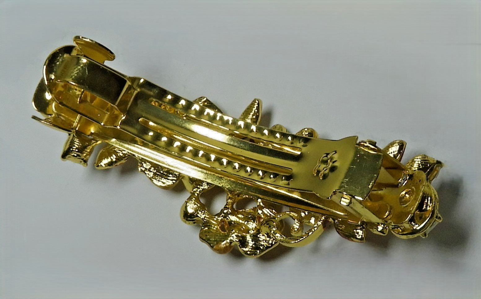 Vintage Hair Barrette, pretty rose gold colored metal, flowers and rhinestones