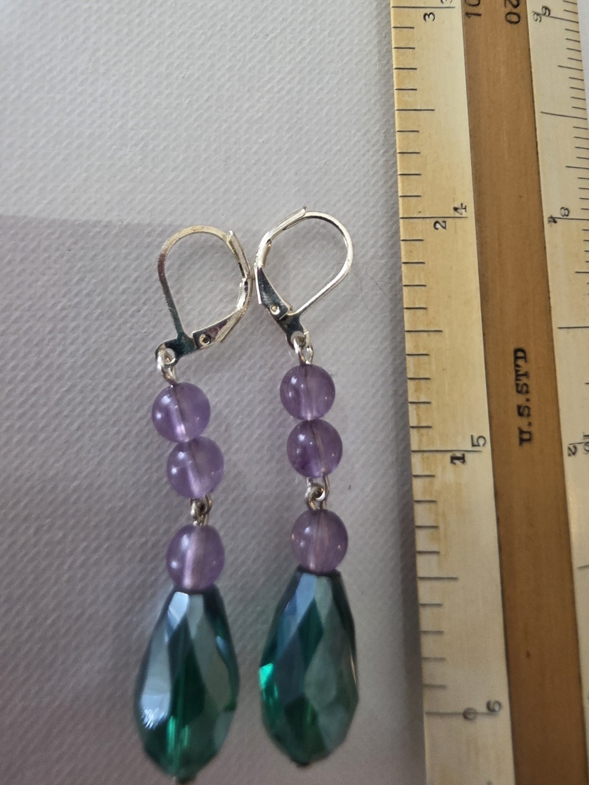Vintage Lt. Purple and Teal Preciosa AB Drops Dangles Earrings Spl. leverbk