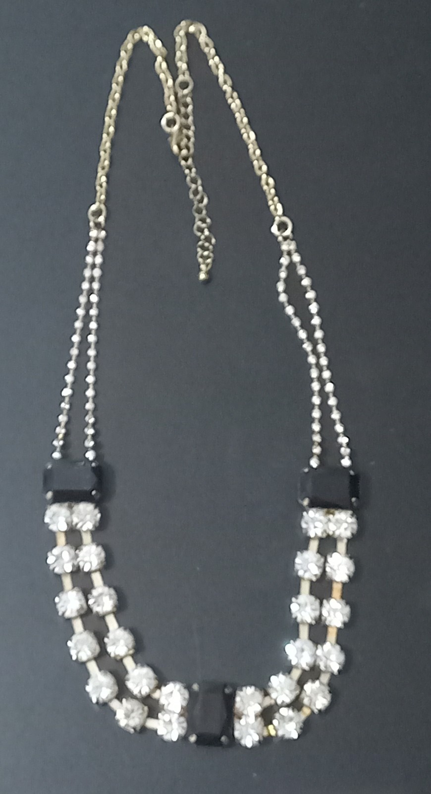 Vintage Gold Tone Clear Rhinestone & Black Emerald-Cut Stone Statement Necklace
