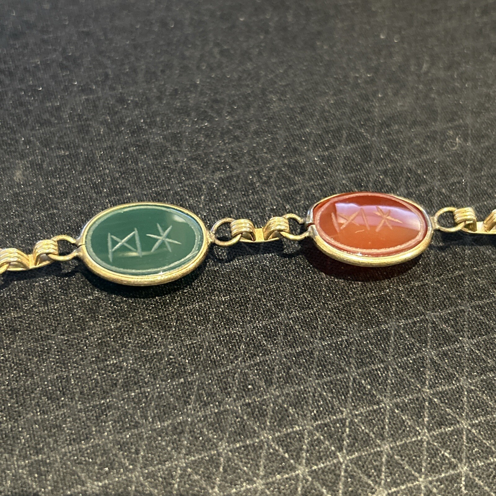 12 K Gold Filled AC Scarab Bracelet Egyptian Revival Carved Stones Needs Repair