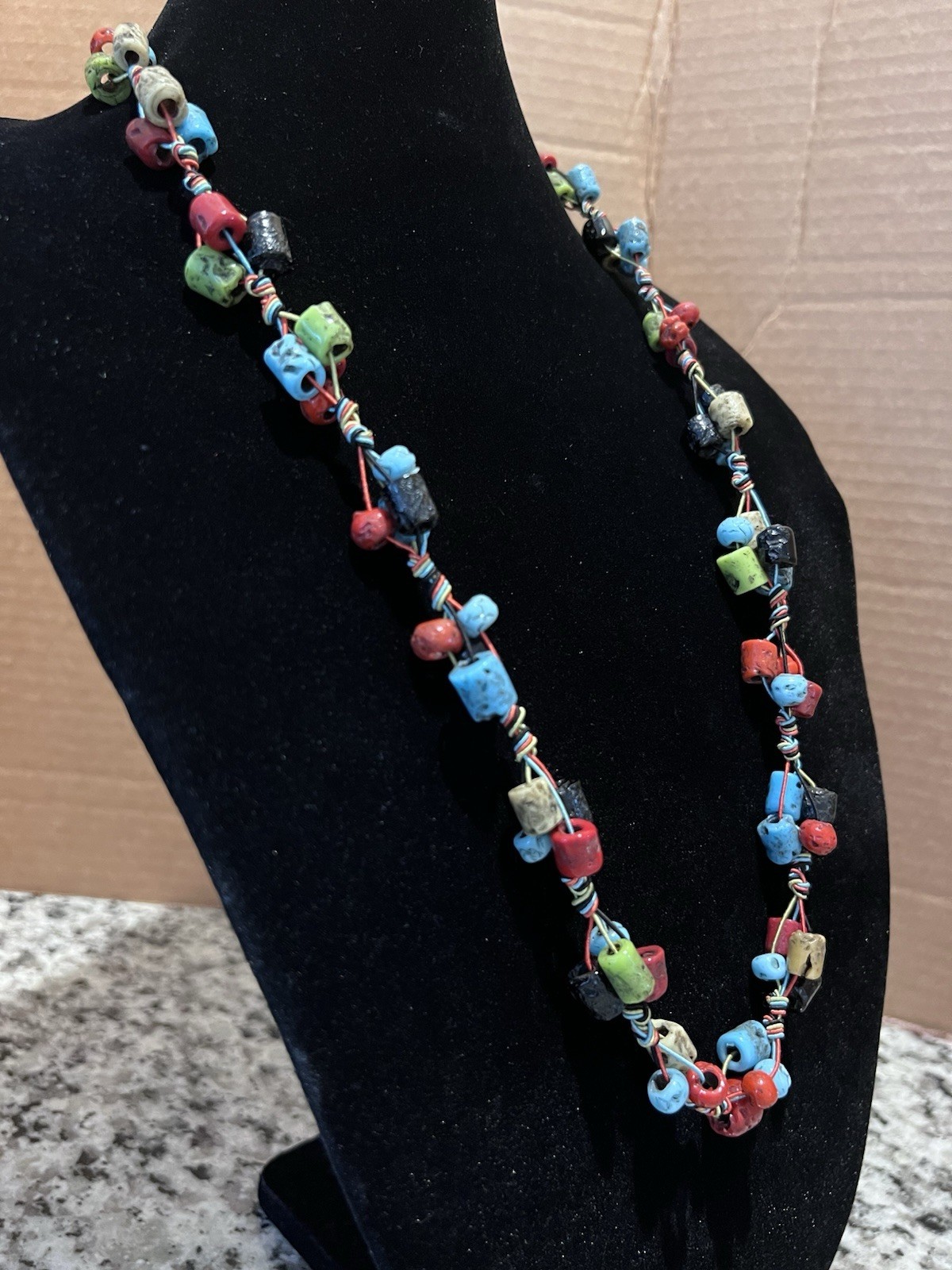Vintage African Recycled Krobo Glass Bead Necklace Zulu Wire Coiled Art Unique
