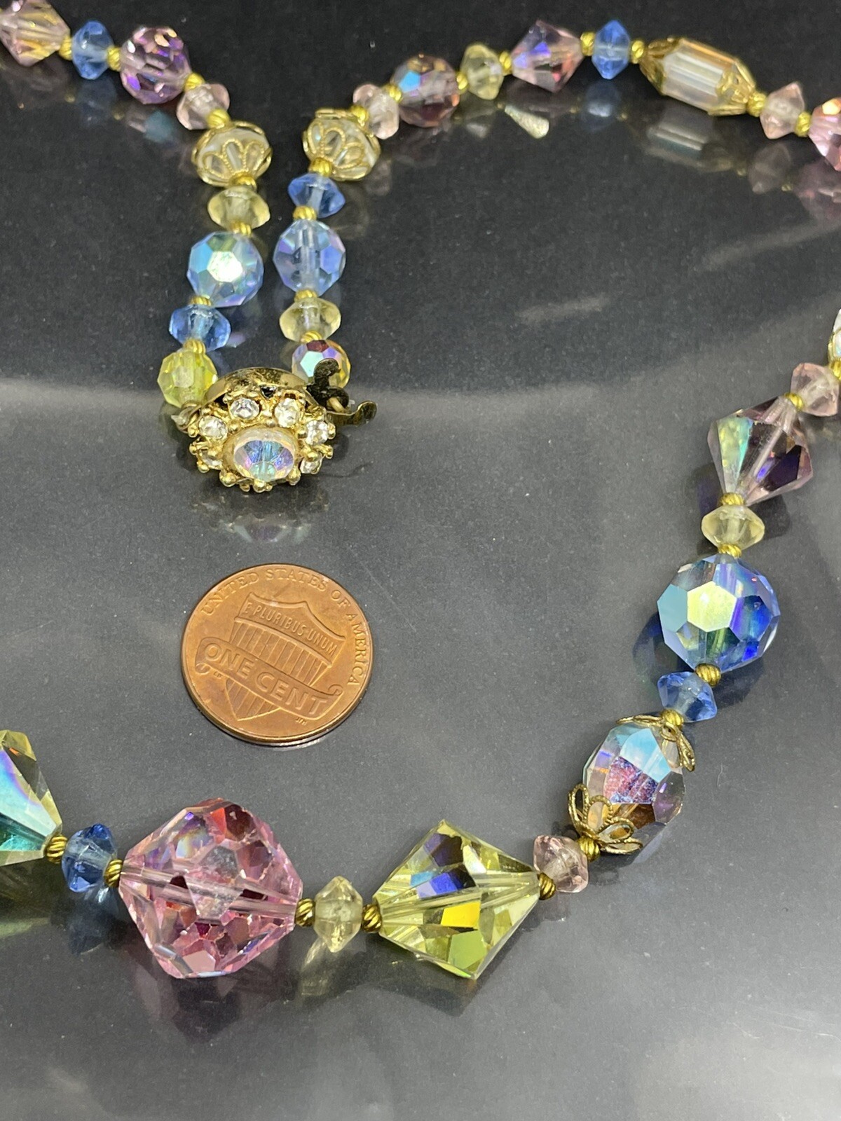 Vintage Japan GoldTone Multicolor Glass Faceted Beads 19” Collar Necklace