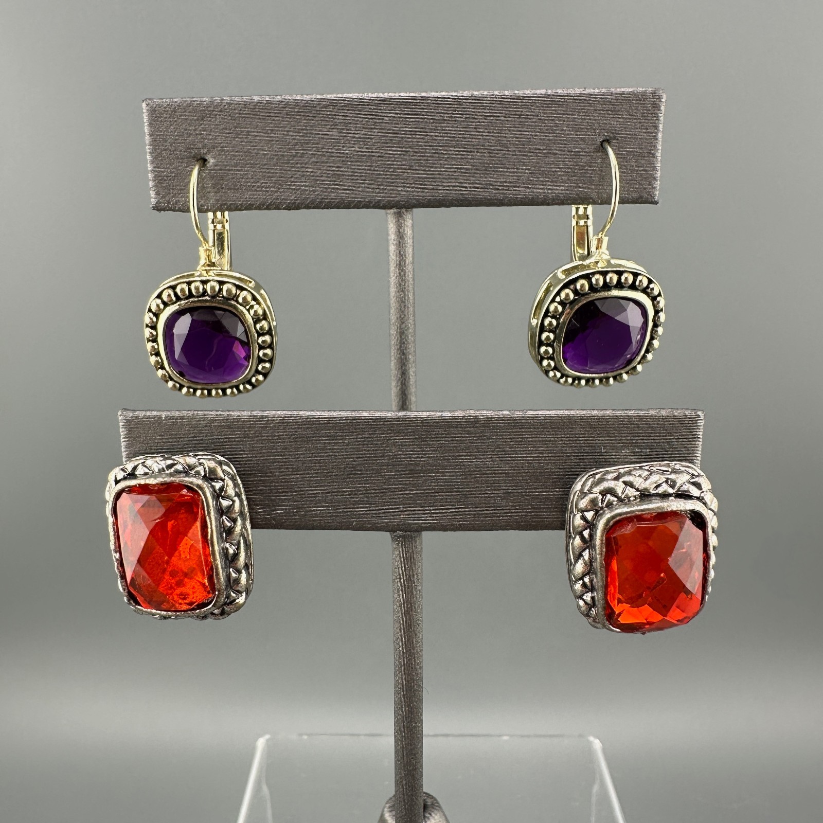 Vintage Rhinestone Earrings Lot Leverback Wingback Purple Red Silver Gold Tone