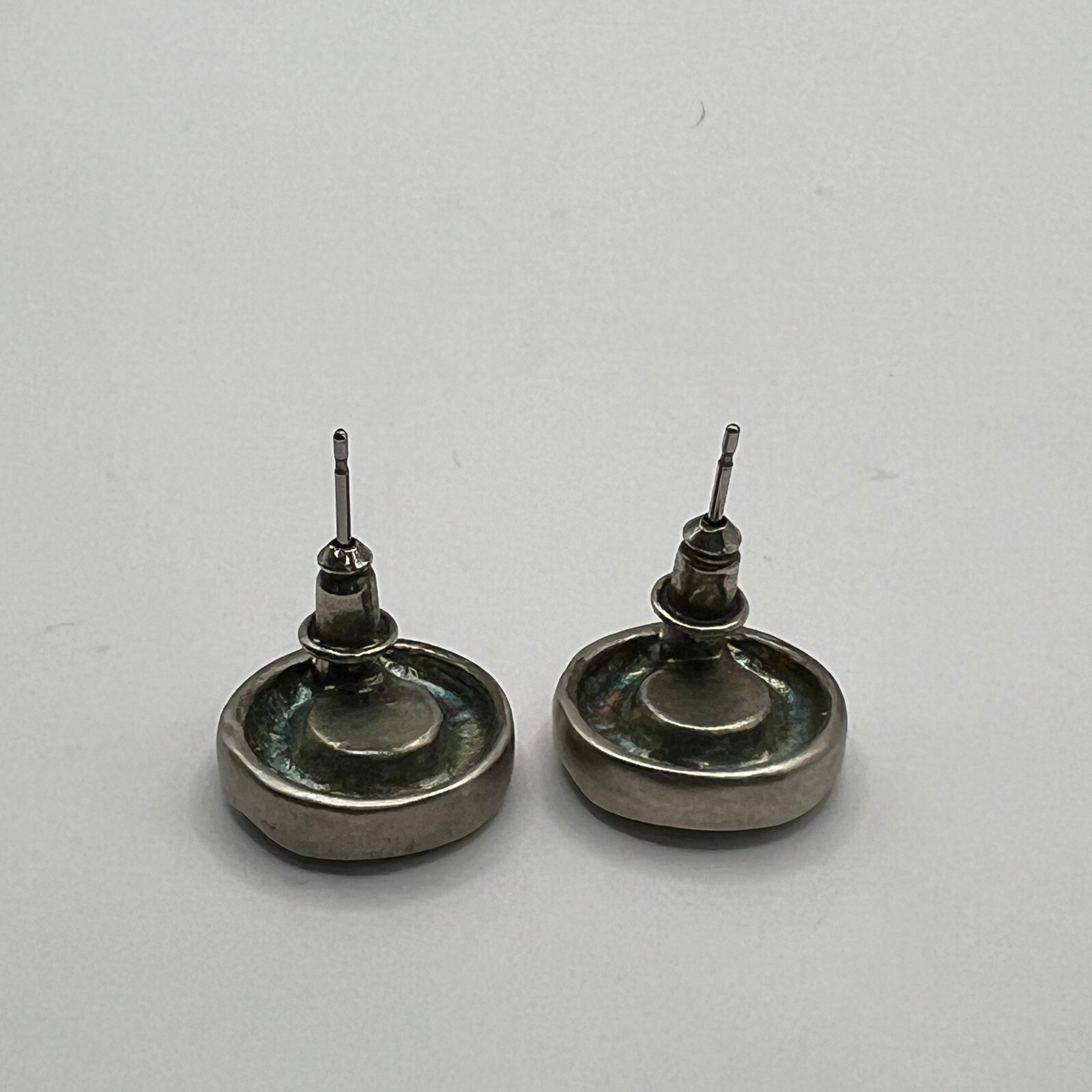 Vintage Pierced Earrings Pewter Tone Rigged with Clear Crystal Center