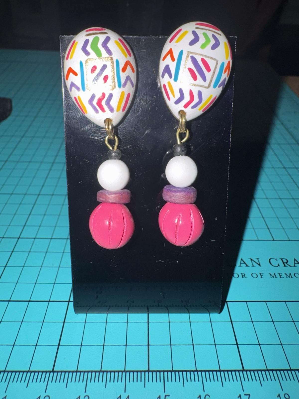 Vintage 90s Hand Painted Colorful Dangle Drop Earrings Pink White Purple Gold