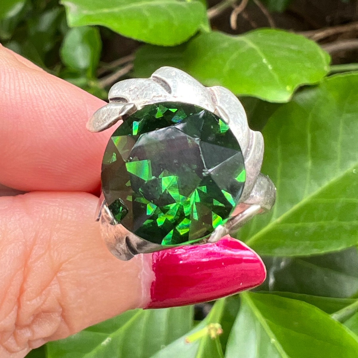VINTAGE LARGE ROUND GREEN PASTE GLASS RHINESTONE RING 925 STERLING SLVER MEXICO