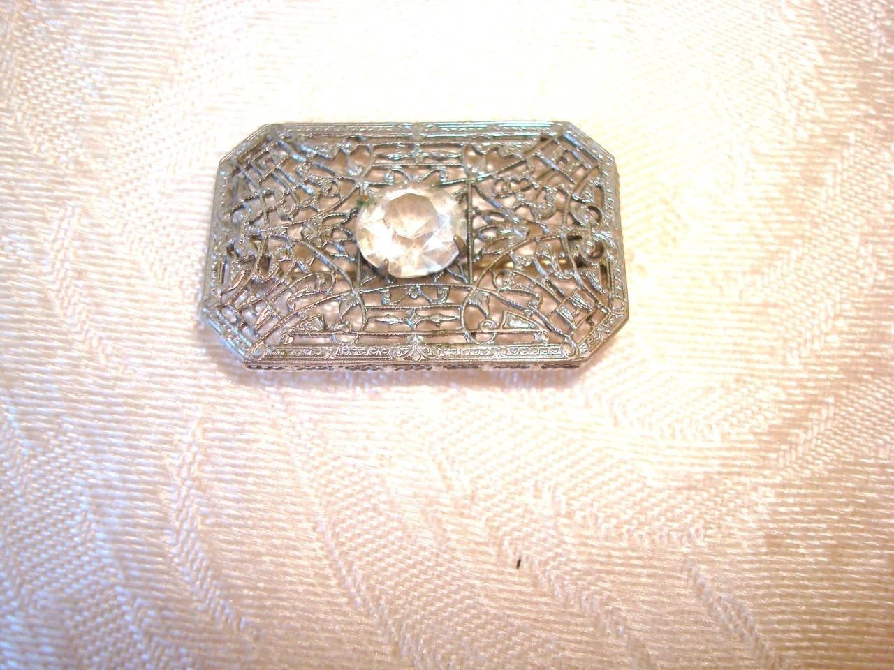 Art Deco Silver Color Filigree Pin Brooch Clear Rhinestone 7/8 x 1 1/4 In. KJ