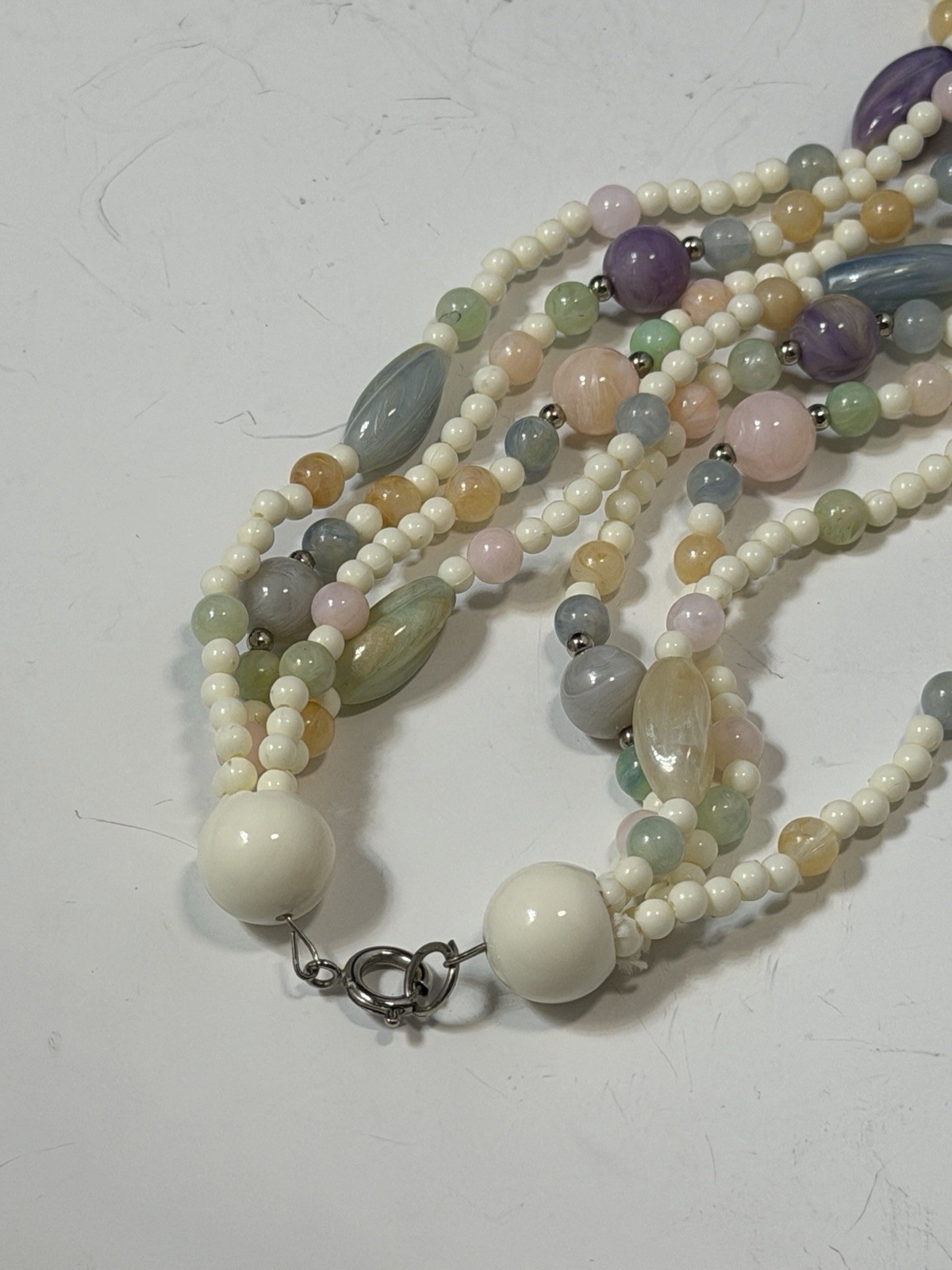 Vintage Multi Strand Glass Beaded Necklace Earrings Set 3 PC Lavender Pastels