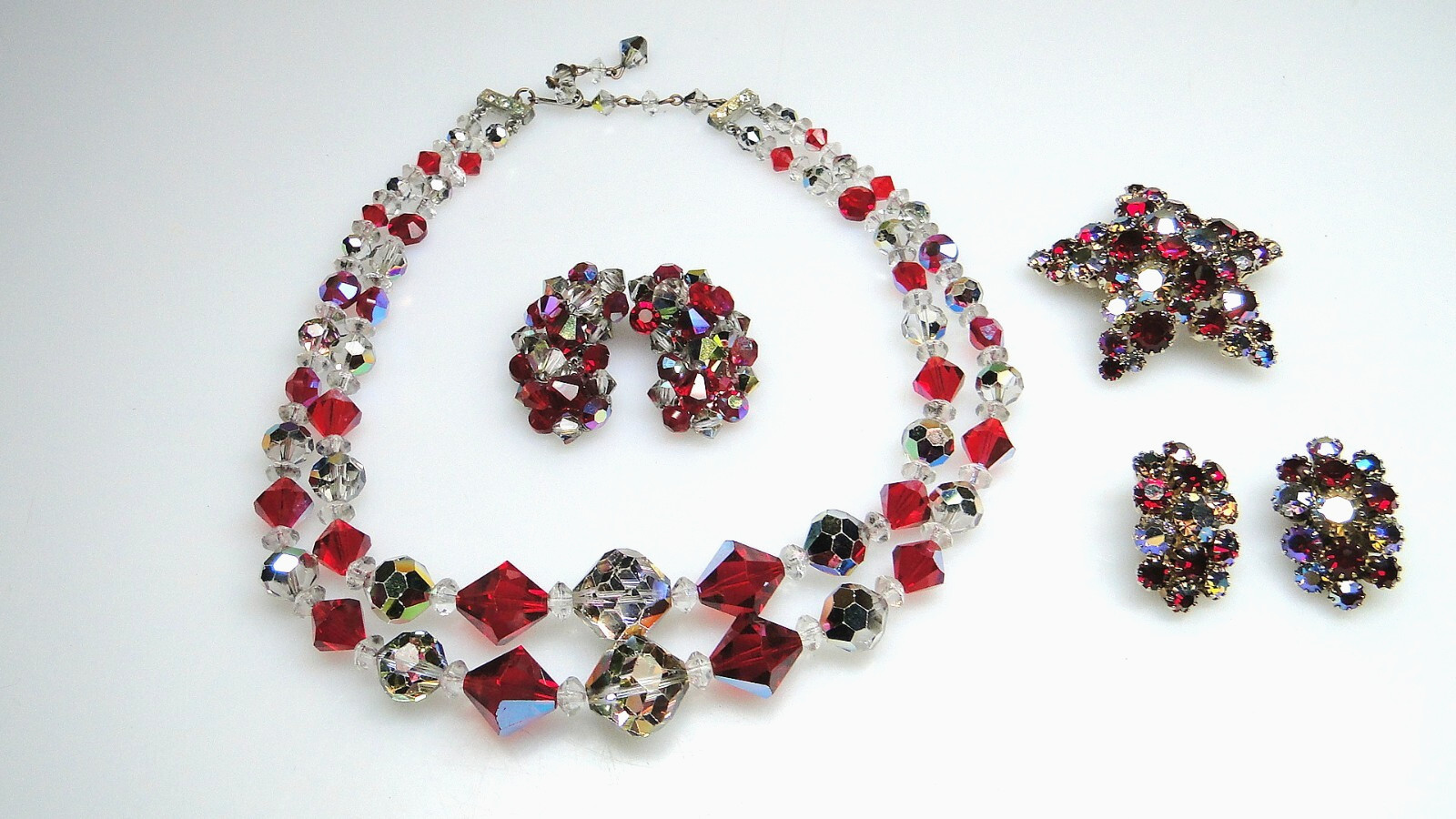 Vintage Red & Iridescent Crystal Necklace Earrings Pin Sets 4pc Lot