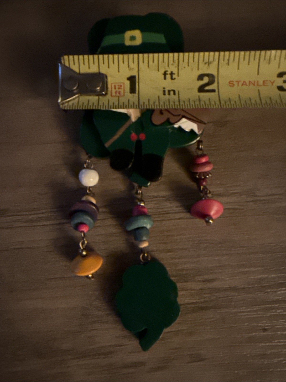 Vintage Wood St Patrick’s Day Leprechaun Shamrock Wood Bead Charms Brooch