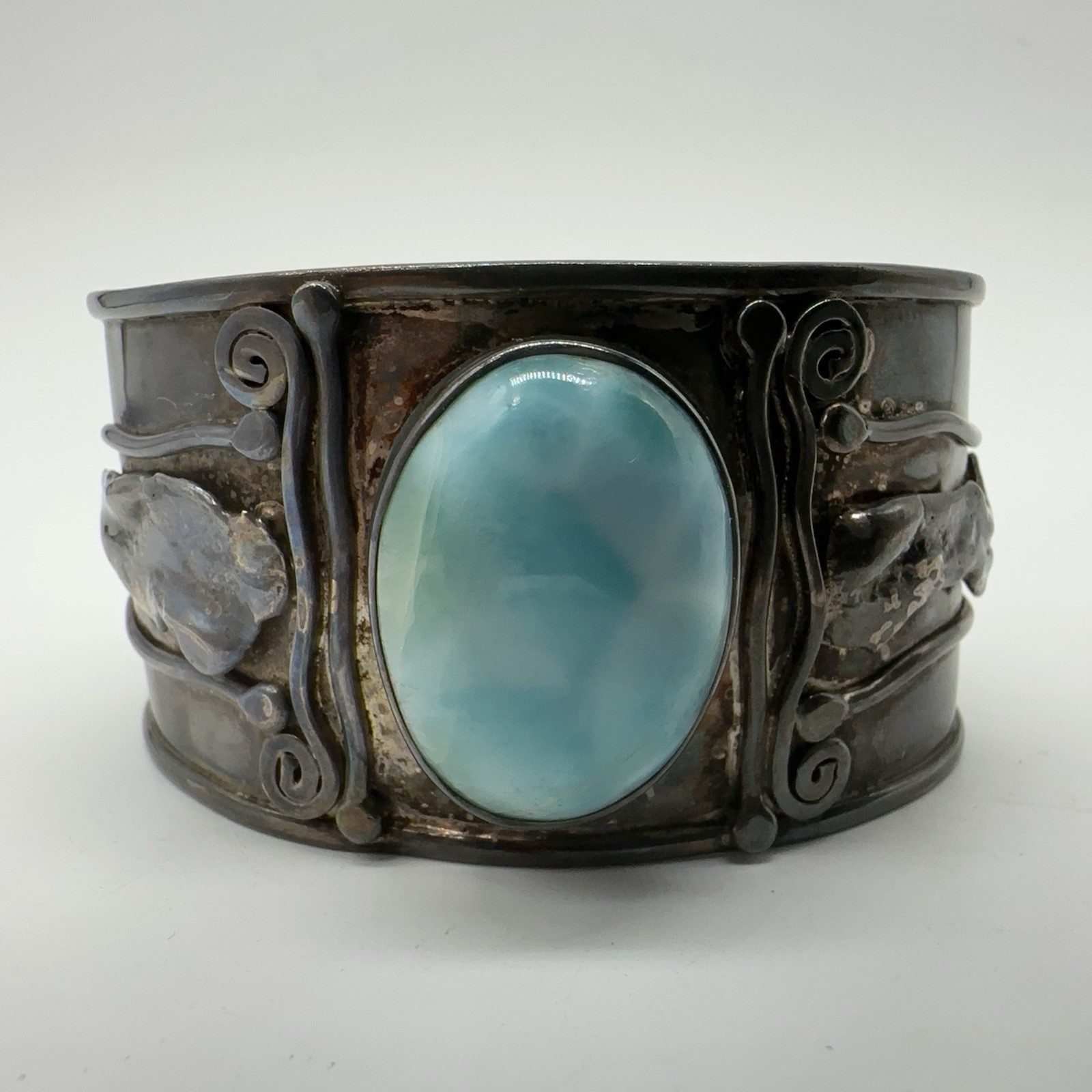 VTG Signed 980 Sterling Silver Larimar Cuff Bracelet 55.1g #bes
