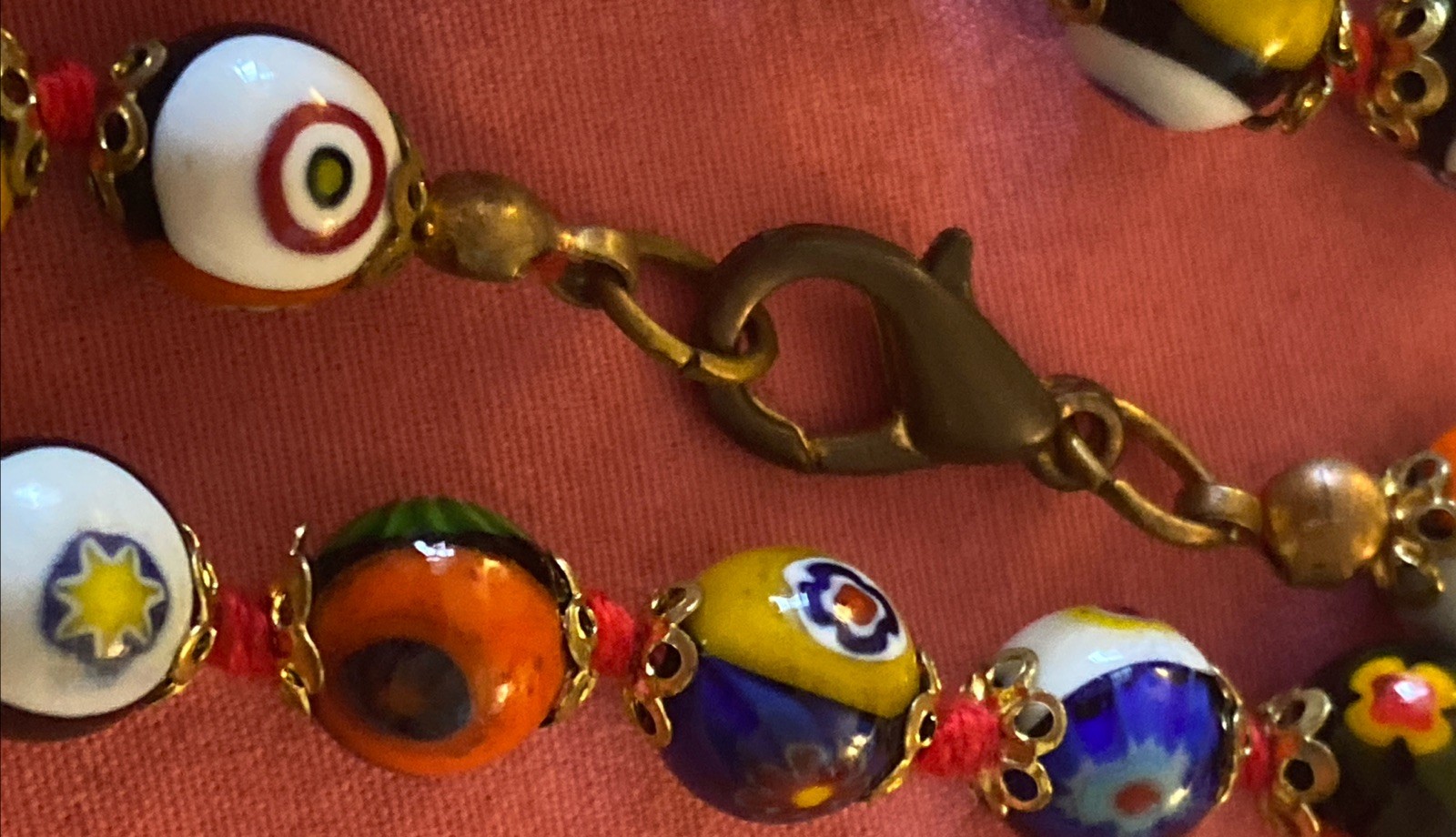 Italian Murano Venetian Millefiori Art Glass Hand Knotted Bead Necklace 24 1/2in