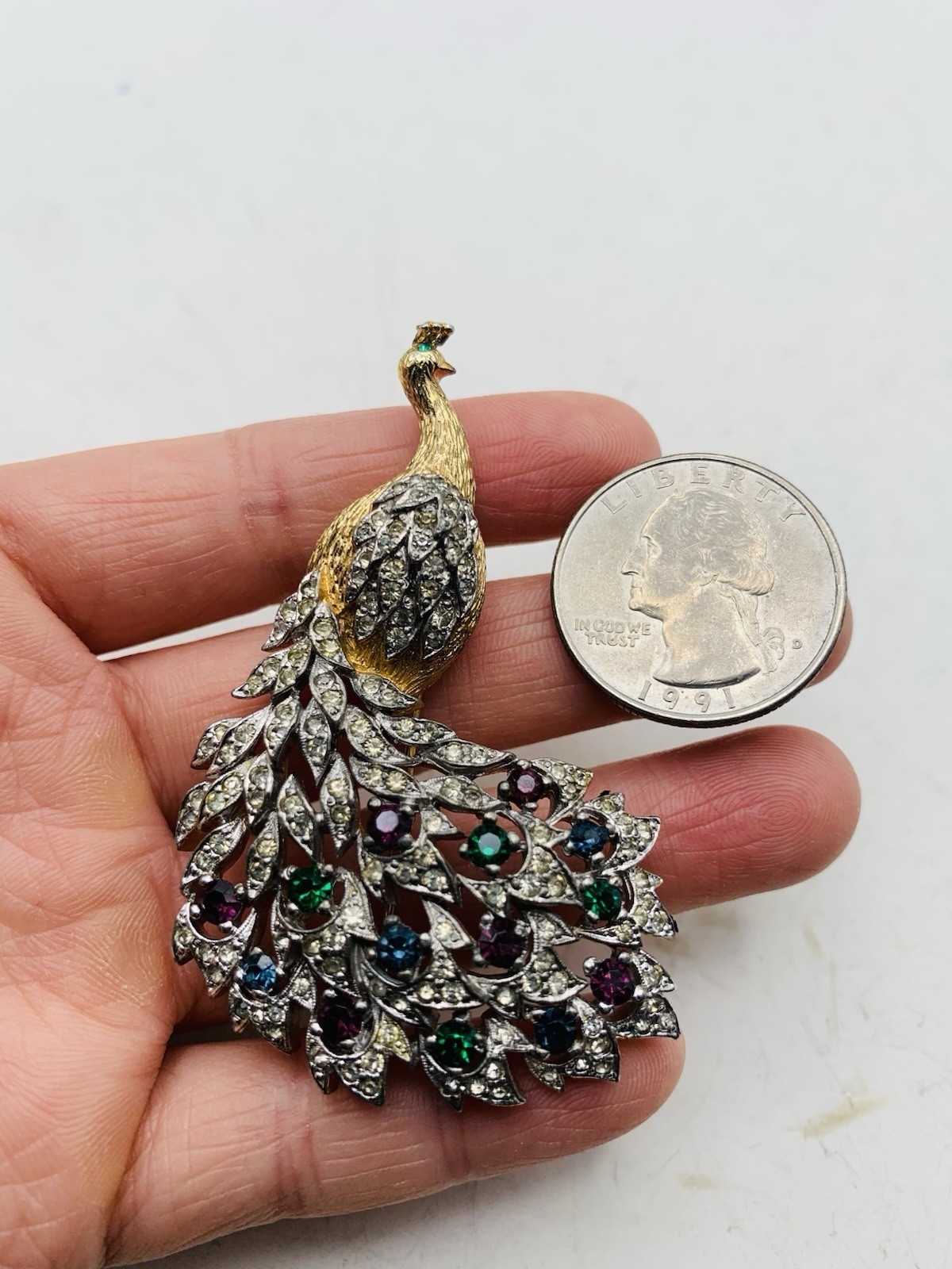 Vintage Signed Panetta Peacock Bird Crystal Gold Tone Blue Purple Green Brooch