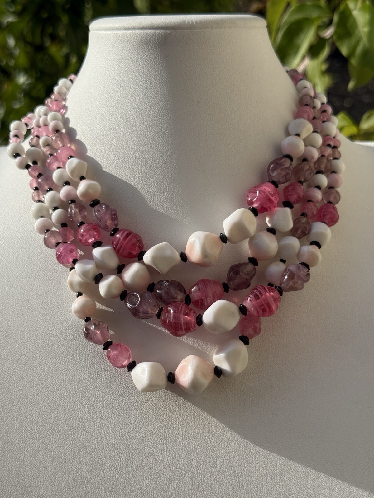 Vintage Japan Pink, Purple, White Glass Bead Necklace 4 Strand Layer Silver Tone