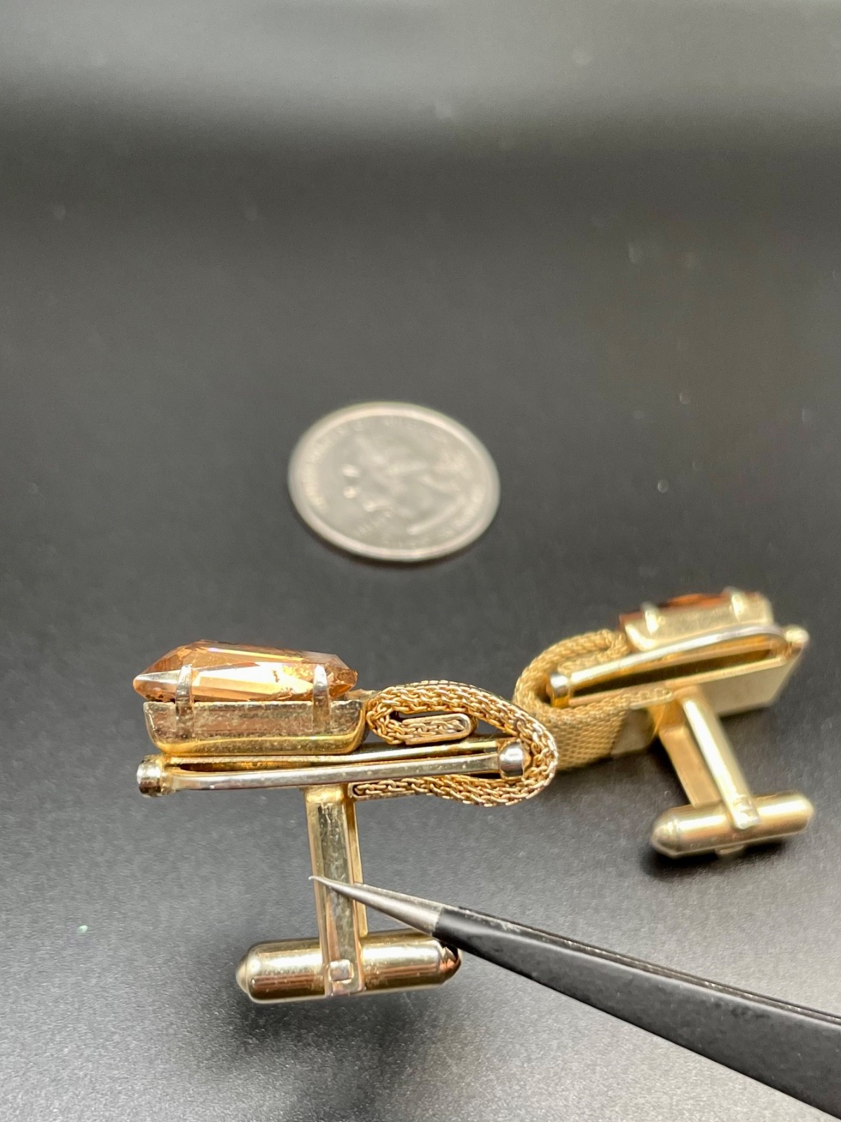 Vintage Gold Tone Faux Wrap Mesh Cufflinks Topaz Amber Glass Rhinestone