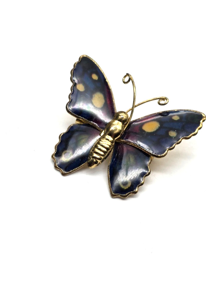 Small Blue Purple Green Cream Enamel Gold Tone Metal Butterfly Brooch Vintage