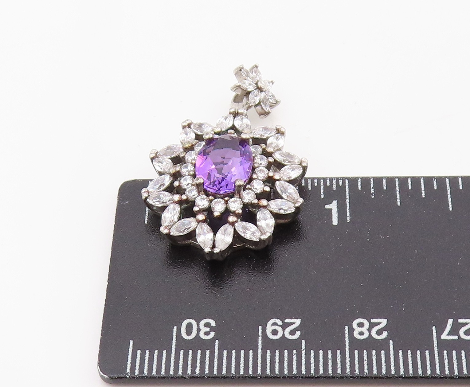 925 Sterling Silver Vintage Pendant Amethyst & Halo CZ Floral Cluster PT25563