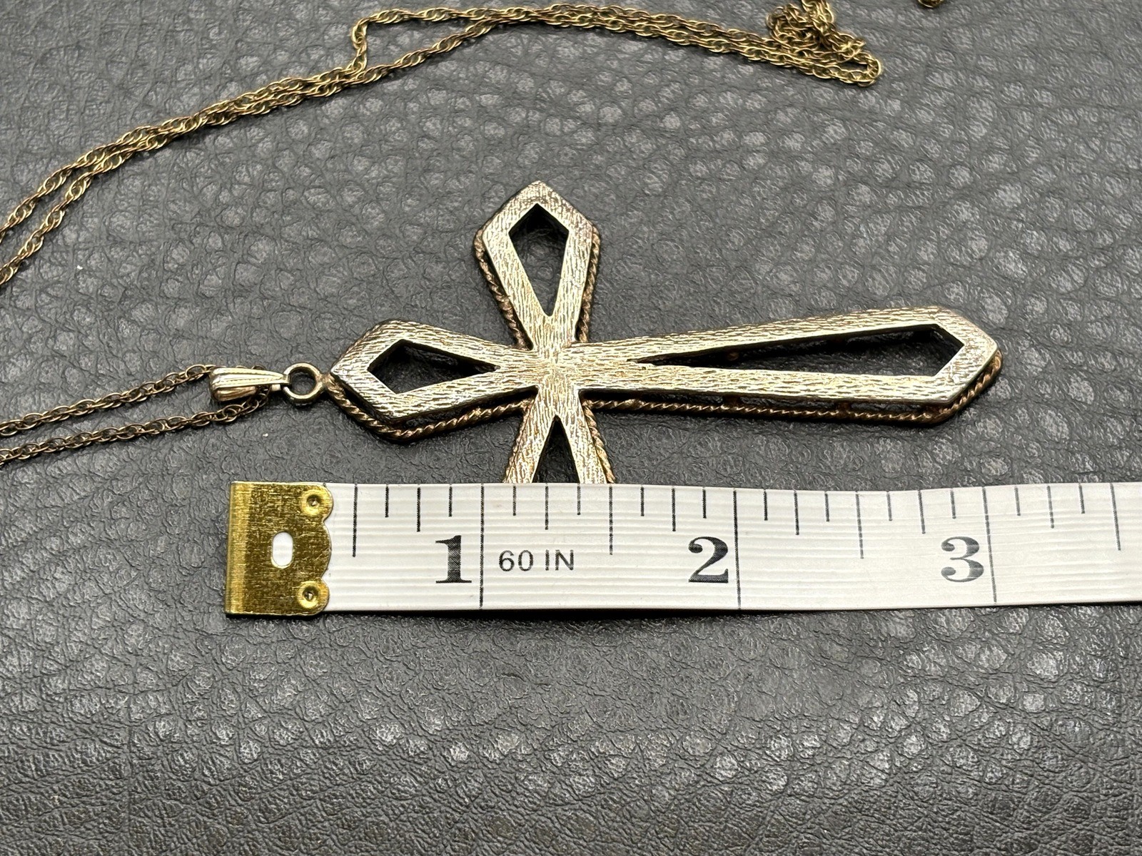 HUGE Vermeil Sterling Silver Cross Pendant And Gold Filled Chain Necklace 28”