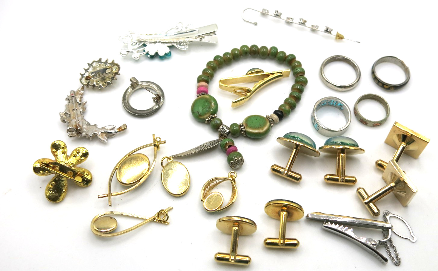 VTG Jewelry Set Lot 20pcs Pendants Brooch bracelet Cufflinks Ring Green stones