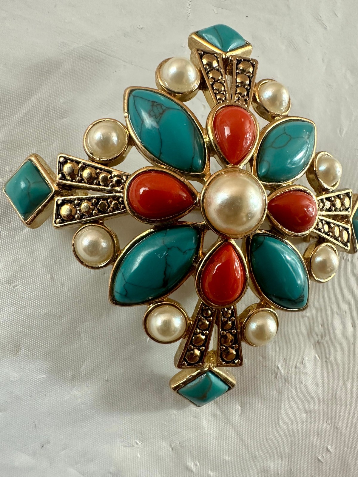Monet Maltese Cross Turquoise Coral Faux Pearl Cabochon Gold Tone Brooch Pin