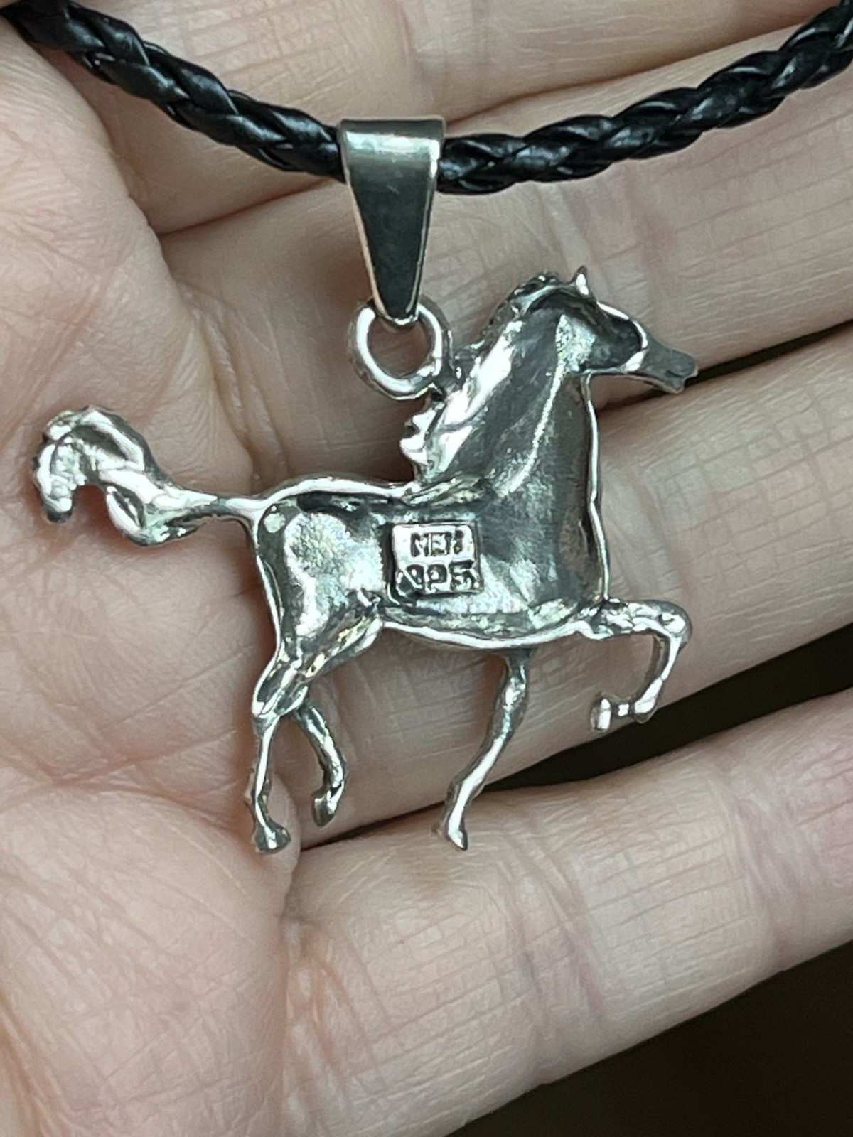 925 Signed Running Horse Pendant On black Leather Cord