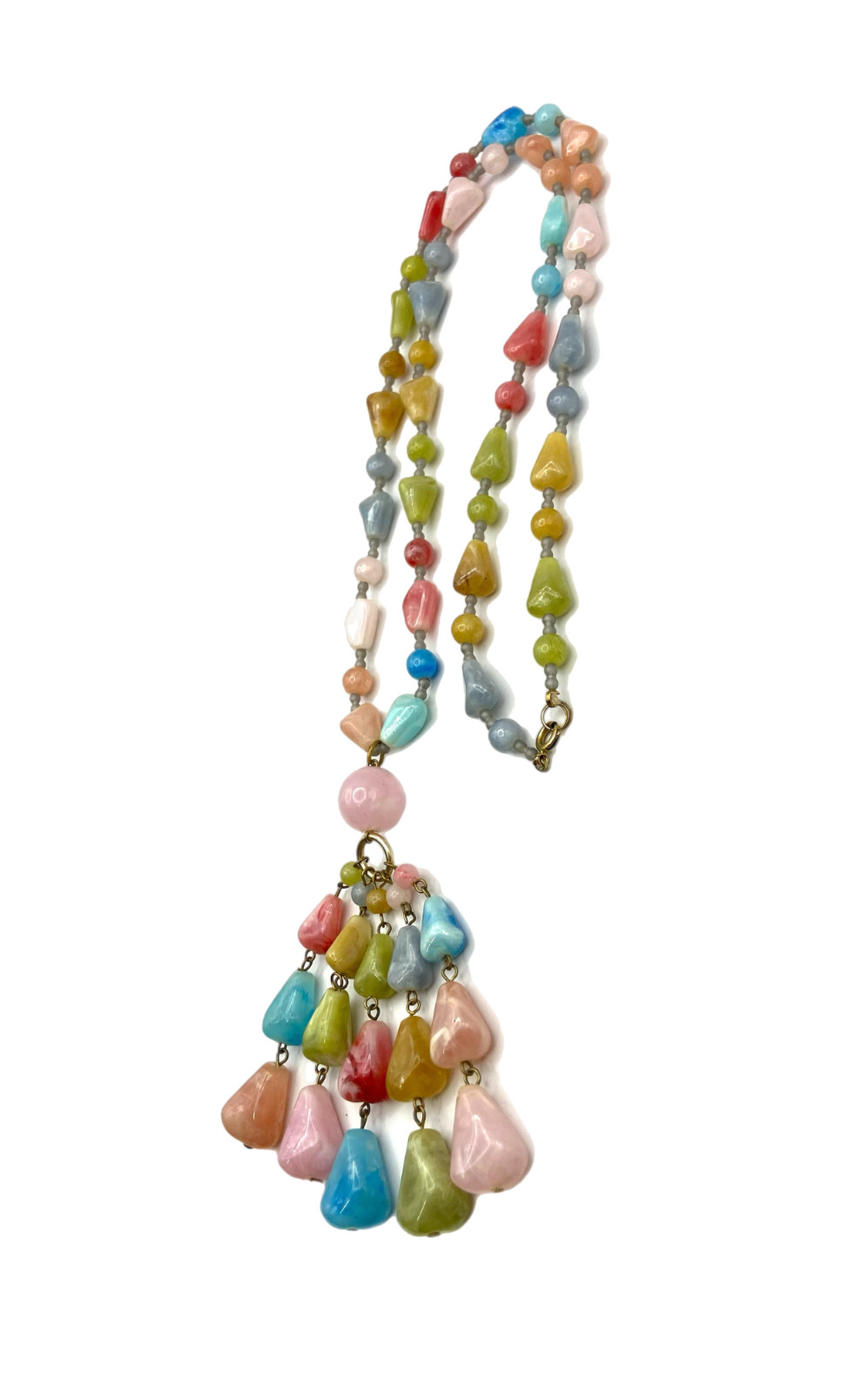 Vintage Chunky Pastel Multi-Color Beaded Tassel Pendant Necklace Plastic 30″