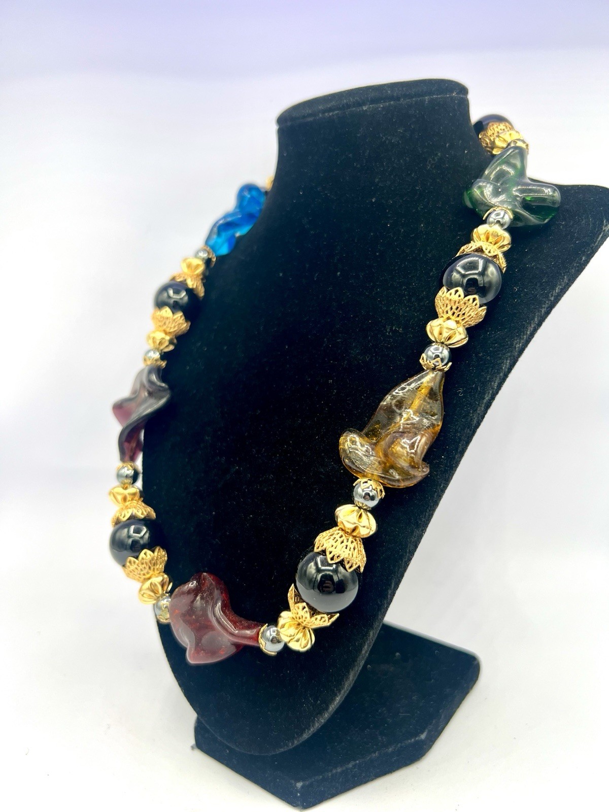 Vintage Chunky Colorful Handblown Glass Twist Necklace 16” RO-DO $200 NOS CB