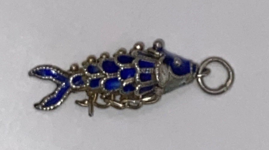 Vintage 2 3/4”Reticulated Fish Cobalt Blue/White Cloisonné Pendant