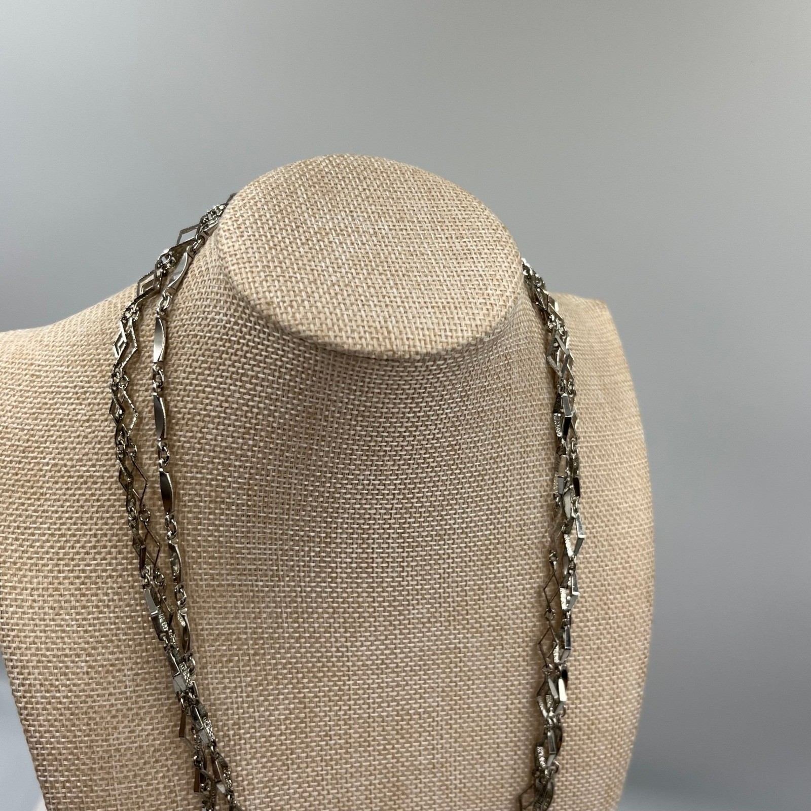 VTG Silver Tone Multi Layered Necklace Geometric Diamond Station Link Long Chain