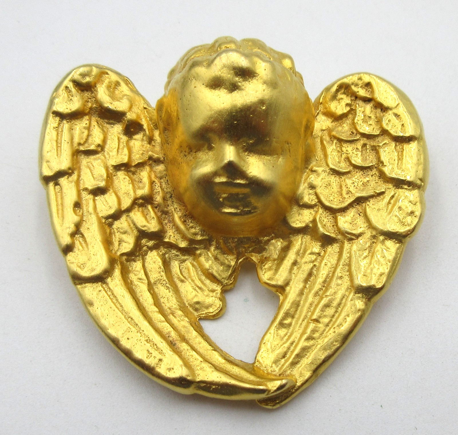 VTG SIGNED 1980S CHERUB ANGEL WINGS Brooch Pin Brushed gold tone metal Christian